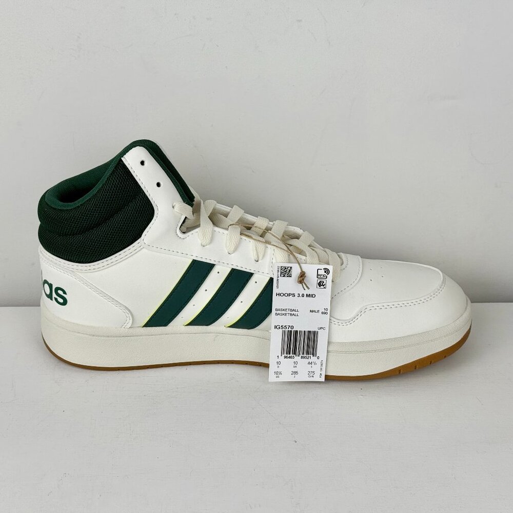 Size 10.5 - Men's Adidas Hoops 3.0 Mid Athletic Sneaker - White/Green - Picture 3 of 9